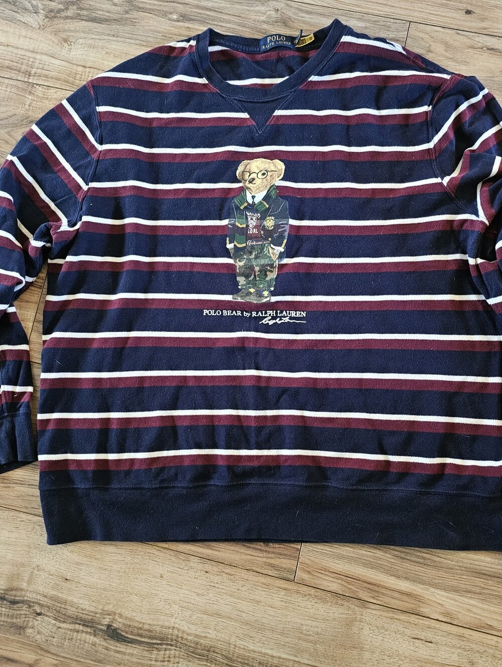 Ralph Lauren Striped Polo Bear Crewneck Sweater - Navy, Burgundy, White